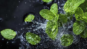 Fresh mint leaves with water splash on black background. photo