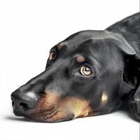 A doberman dog lying on a white background. photo