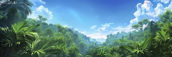 Panorama of jungle with palm trees and blue sky with clouds. photo