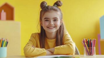A cute little girl doing her homework at the table. photo
