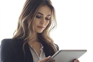Beautiful businesswoman holding a tablet isolated on a white background. photo