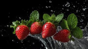 Strawberries with water splashes isolated on black background. photo