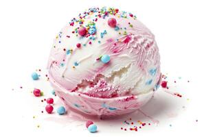 Ice cream scoop with colorful sprinkles isolated on a white background. photo