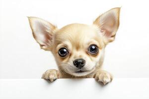 Cute chihuahua puppy looking out from behind a white board. photo