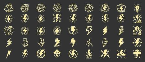 Creative collection of lightning and thunder symbols designed for weather-themed graphics and illustrations in various styles vector