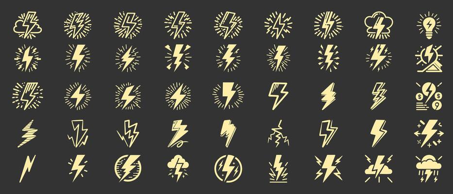 Creative collection of lightning and thunder symbols designed for weather-themed graphics and illustrations in various styles