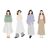 Four women in different outfits, one in a long dress, one in a skirt and one in vector