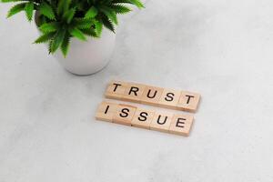 Top view of Trust Issue word on wooden cube letter block on white background. Business concept photo