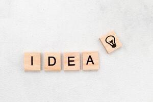 Top view of Idea word on wooden cube letter block on white background. Business concept photo