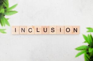Top view of Inclusion word on wooden cube letter block on white background. Business concept photo