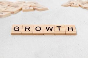 Top view of Growth word on wooden cube letter block on white background. Business concept photo