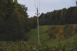 The inclined support of the power line in the autumn, evening field. Cloudy sky photo