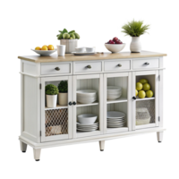 A white buffet table with plates and bowls on it png