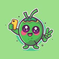 smiling coconut fruit character mascot taking a selfie with a smartphone isolated cartoon vector
