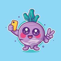 happy turnip vegetable character mascot taking a selfie with a smartphone isolated cartoon vector