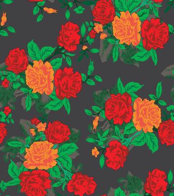 A pattern with red and orange roses on a dark background