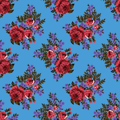 A pattern with red roses on blue background