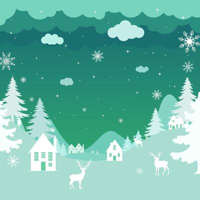 Christmas background. Illustration Winter landscape with deer and fir trees in the snow, village in the night sky with stars, snowfall. Green background.