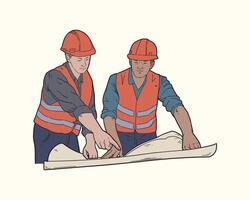 Hand draw Illustration of manager listening construction concept presentation from architect. Building architecture business concept. flat color. vector