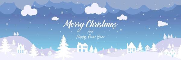 Christmas Horizontal banner. Illustration Winter landscape with deer and fir trees in the snow, village in the night sky with stars, snowfall. With text Merry Christmas. Blue background. vector