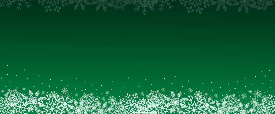 Green Christmas banner with snowflakes. Merry Christmas and Happy New Year greeting banner. Horizontal new year background, headers, posters, cards, website, leaflets and flyers. .