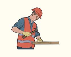 Hand draw Illustration of professional building construction workers hammering nails. flat color. vector