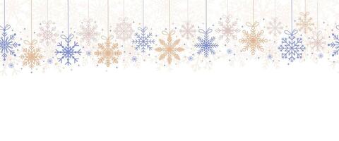 Seamless snowflake border, festive decoration on white background, Merry Christmas design for greeting card, horizontal new year background, headers, posters, cards, website, and flyers. . vector