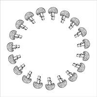 Round frame made of hand-drawn mushroom in black ink on a white background vector