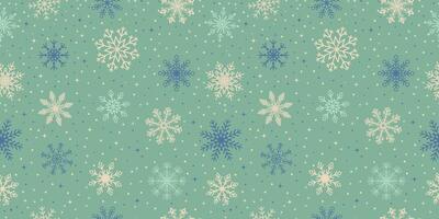 Snowflake seamless pattern design, Christmas, happy new year, winter holidays, cold season snow flakes, snowfall. Green background. vector