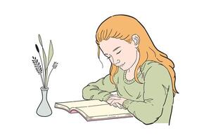 Little girl studying with reading book. flat color. vector