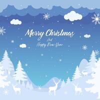 Christmas banner or background. Illustration Winter landscape with deer and fir trees in the snow, night sky with stars, snowfall. With text Merry Christmas and Happy New Year. Blue background. vector