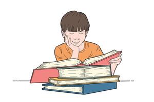 Little boy studying with reading book. flat color. vector