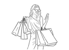 Outline illustration of happy woman with shopping bags, shopping happily in retro style, happy shopping, line art. vector