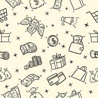 Seamless Pattern doodle Of Money Icons elements, Design wallpaper, background, phone screensaver, banner, flyer, print. Illustration White and Black. vector