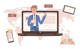 Online education. Flat design concept of training and tutorials. Teacher on screen laptop. illustration for website banner, marketing material, presentation template, online advertising. vector