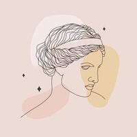 Ancient greek sculpture. Linear head of Aphrodite. Goddess antique statue. Trendy illustration in one line drawing style. Minimalist female bust with abstract shapes vector