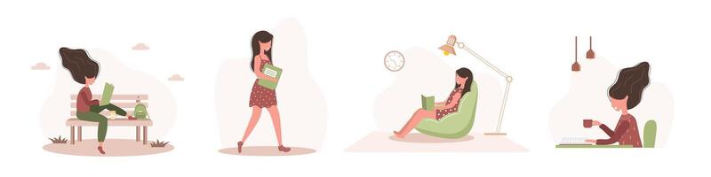 Books lovers. Reading women holding books. Preparing for examination or certification. Knowledge and education library concept, literature readers. Set of modern illustration in flat style. vector