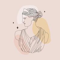 Ancient greek sculpture. Linear head of Artemis. Goddess antique statue. Trendy illustration in one line drawing style. Minimalist female bust with abstract shapes vector