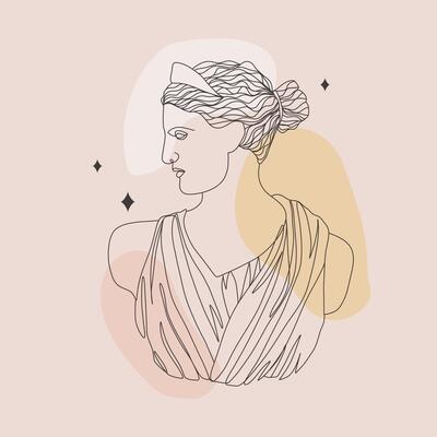 Ancient greek sculpture. Linear head of Artemis. Goddess antique statue. Trendy illustration in one line drawing style. Minimalist female bust with abstract shapes