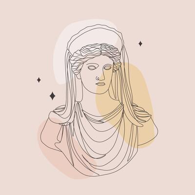 Ancient greek sculpture. Linear head of Demeter. Goddess antique statue. Trendy illustration in one line drawing style. Minimalist female bust with abstract shapes