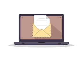 Envelope on computer screen. Concept of sending or receiving email. Retro postcard and kraft paper. Letters or correspondence. illustration in flat cartoon style. vector