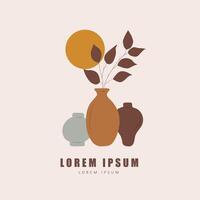 Poster with vases in boho style. Abstract silhouette of ceramic pots and clay jugs in pastel colors. Modern home wall decor. Hand drawn illustration vector