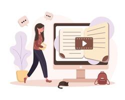 Online education. Flat design concept of training and tutorials. Student learning at home. illustration for website banner, marketing material, presentation template, online advertising. vector