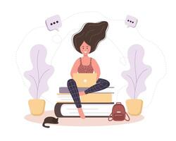 Online education. Flat design concept of training and tutorials. Girl sitting on books. illustration for website banner, marketing material, presentation template, online advertising. vector
