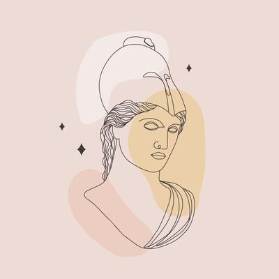 Ancient greek sculpture. Linear head of Athena. Goddess antique statue. Trendy illustration in one line drawing style. Minimalist female bust with abstract shapes