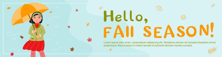 Hello, fall season Surprised girl in autumn clothes hides under an umbrella from the wind and rain. vector