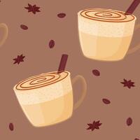 Seamless pattern. Caramel latte with cinnamon in a glass cup. Cozy drink. vector