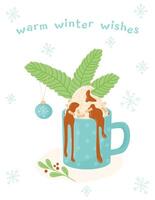 Warm winter wishes. Greeting card with a picture of cocoa with marshmallows, hot chocolate. vector