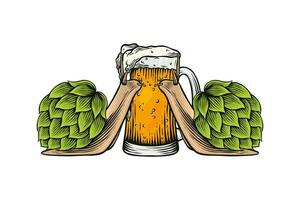 colored illustration of a snail with a hops shell about to drink a glass of beer vector