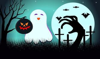 Halloween Ghost and pumpkin big hand with Scene under the moonlight and bats vector